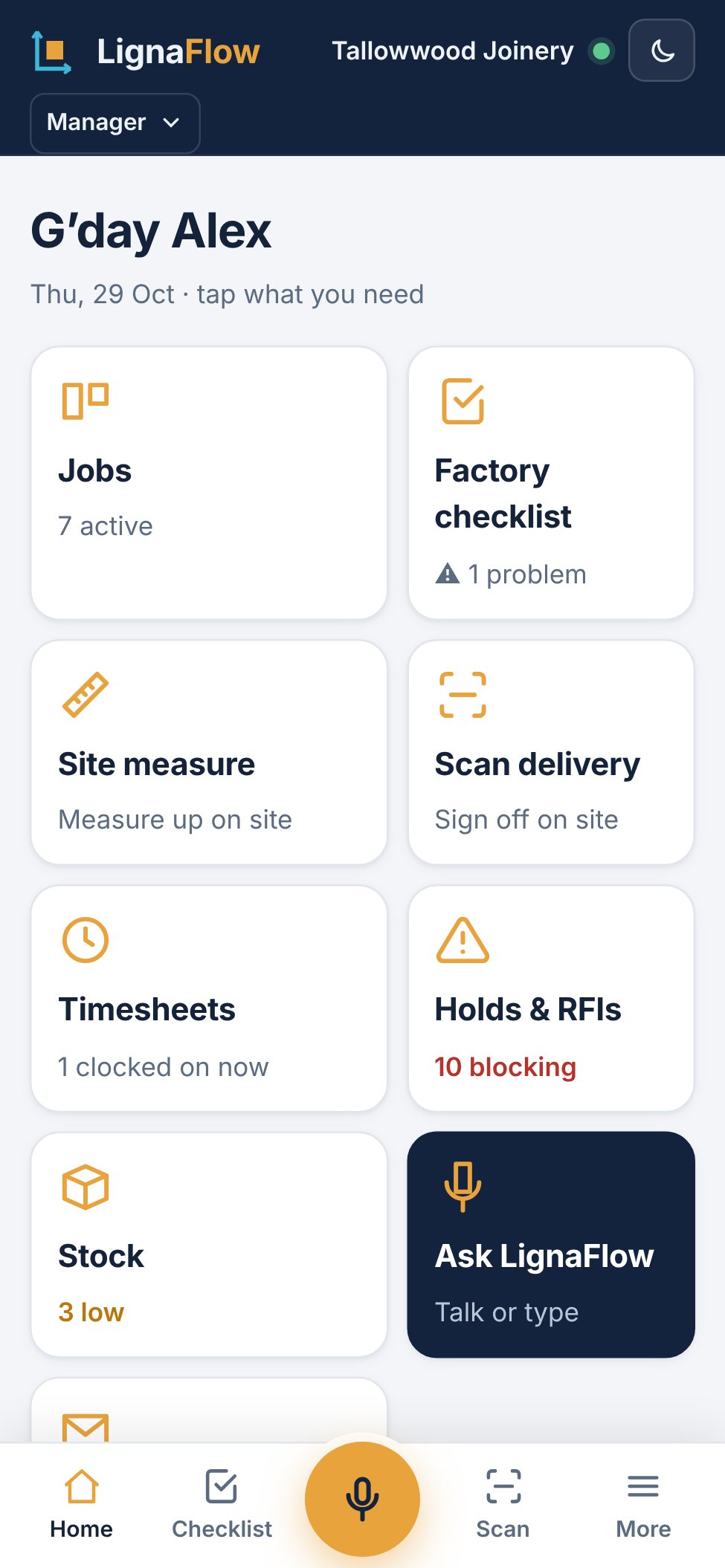 LignaFlow in Simple mode on a phone: large buttons for Jobs, Checklist and Scan, and a Today list