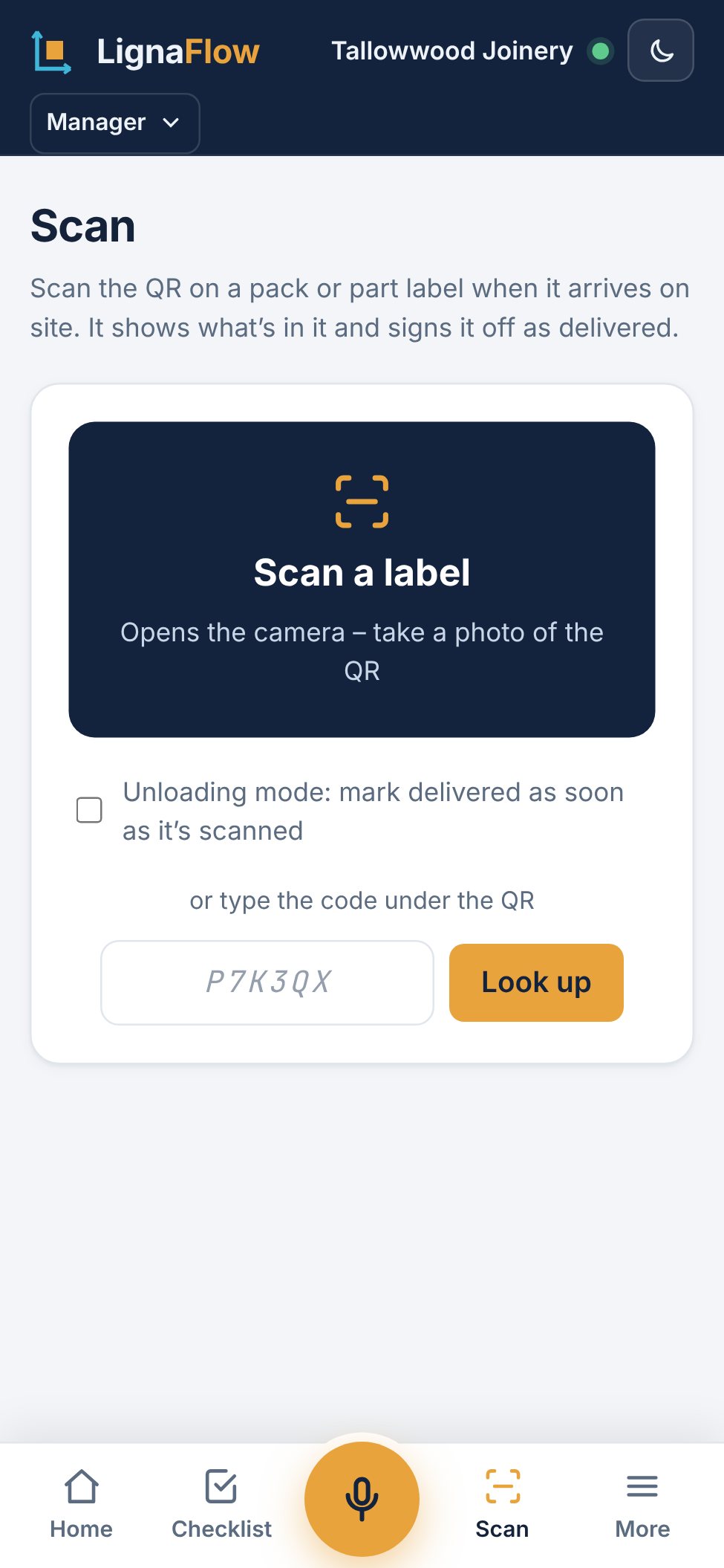 A phone showing a scanned pack label: Pack 3 of 4 delivered to the right job, with what is still to come